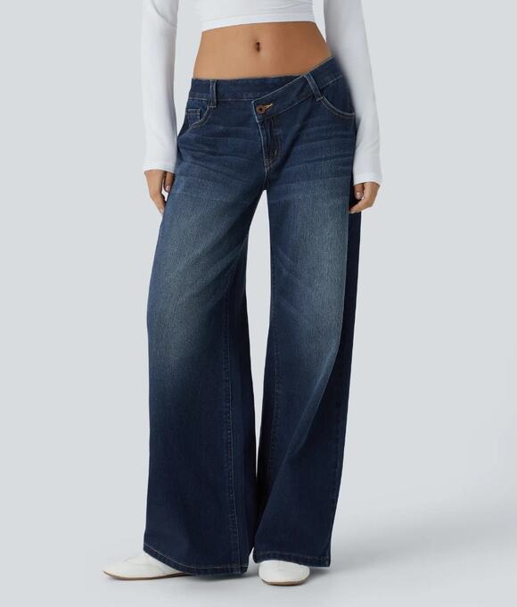 HALARA Denim - Halara Flex™ Asymmetric Low Rise Baggy Wide Leg Washed Casual Jeans in Medium